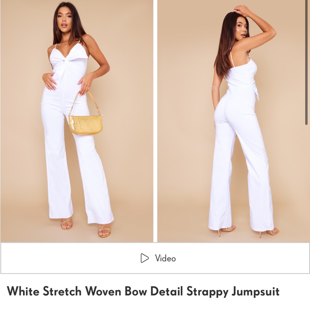 Pretty Little Thing White Stretch Woven Bow Detail Strappy Jumpsuit